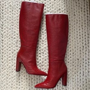 Sam Edelman Raakel Red Patent Croc-Embossed Block Heel Tall Boots Pointed Toe